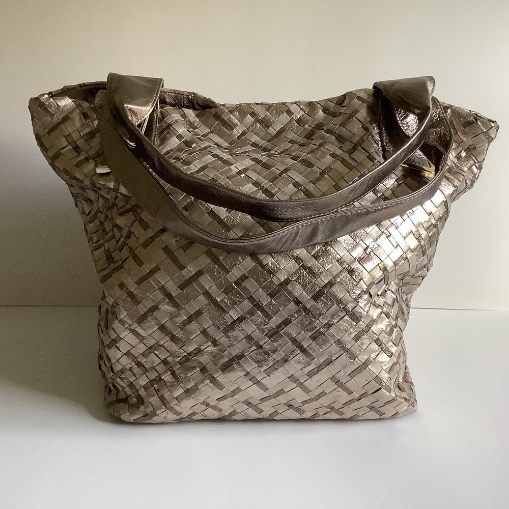 Elliott Lucca Metallic Leather Braided Handbag Tote Purse